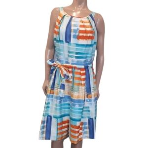Chetta B Paint Strokes Fit & Flare Dress Tie Waist Sleeveless Pleated Striped